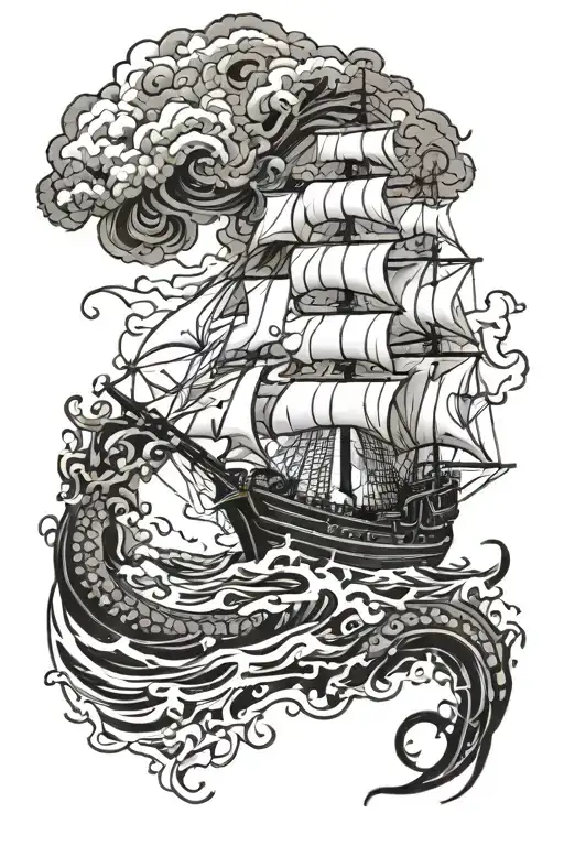 Kraken Pulling A Ship Sailing Through Stormy