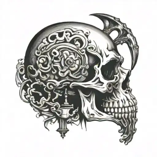 Skull With Finger In Front Of Mouth And Dart In The Background