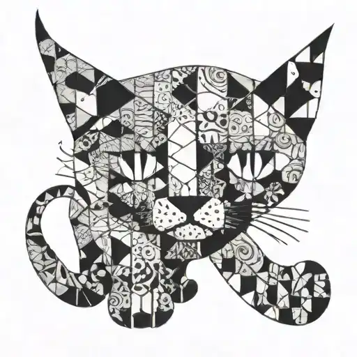 A Patchwork Style Tattoo Of A Cat Made Up Of Various Sketchy Patterns