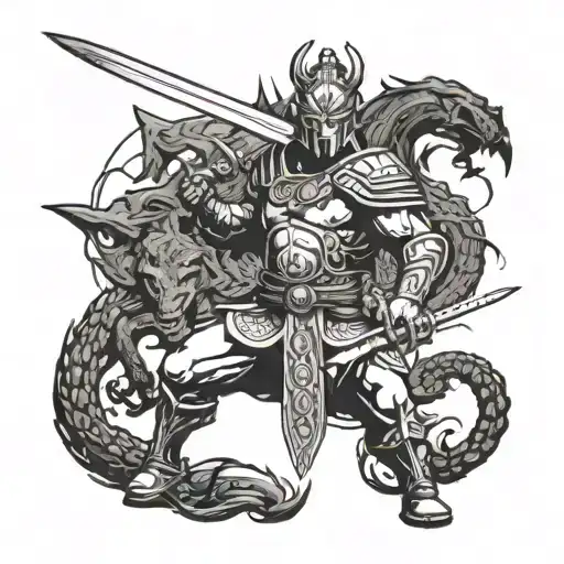 A Fierce Warrior Wielding A Sword In Battle Against A Mythical Beast