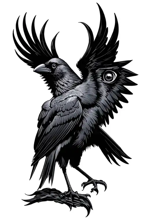 Black Crow With 2 Open Wings And One Eye