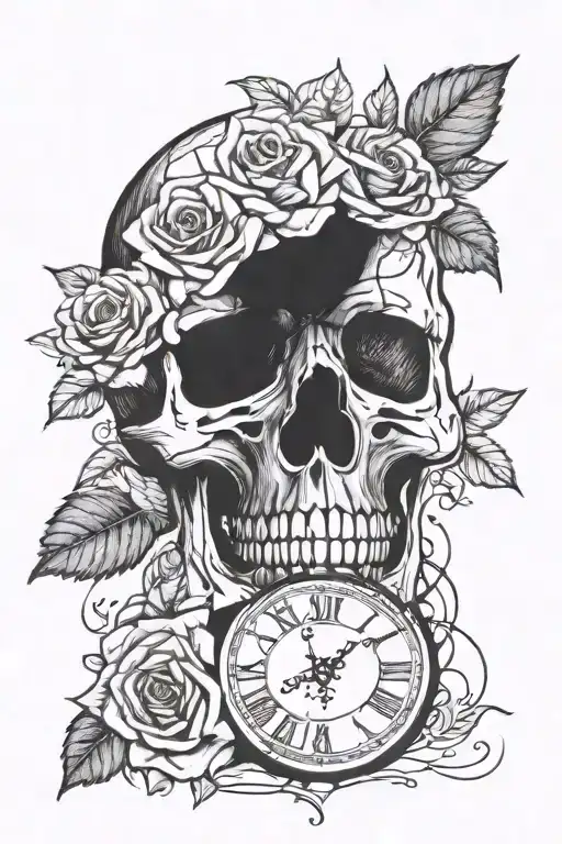 Rose Skull And Broken Clock Face
