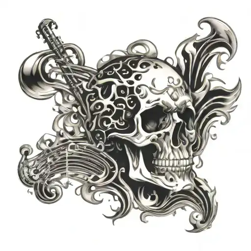 A Skull Engulfed In Flames With Musical Notes Swirling Around It