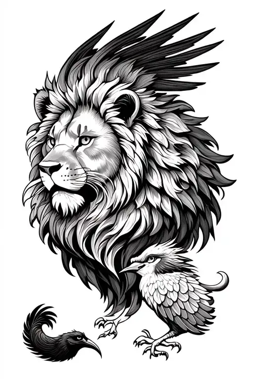 A Lion With A Phenix Bird
