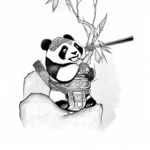 A Cute Panda Hanging On A Tree With A Samurai Sword On His Belt