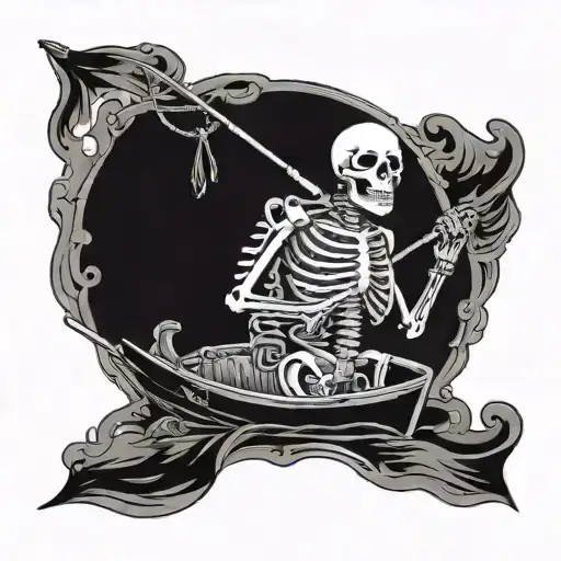 A Skeleton Holding A Fishing Rod On A Boat Fishing