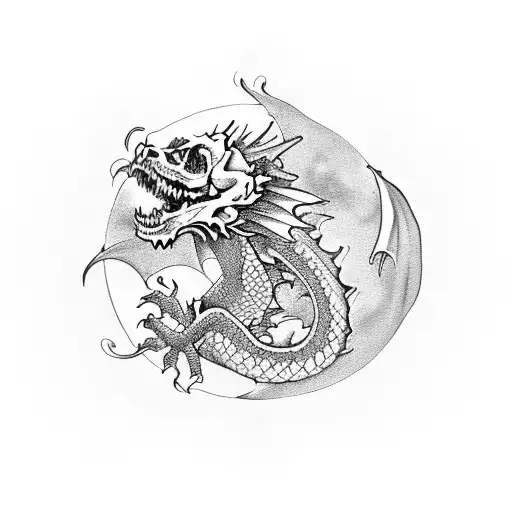 Dragon And Moon With A Skull And Roses