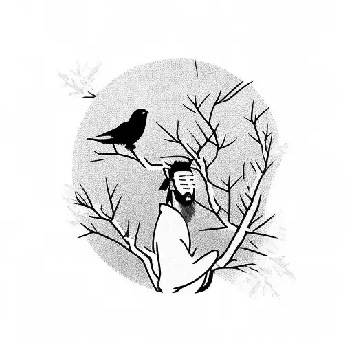 Lonely Samurai With Ravens And Sakura Branches In A Narrow Rectangle