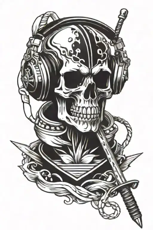 A Skull With Headphones Listening To Music While Holding A Sword