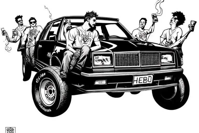 10 Guys Smoking And Drinking On A Road Trip And On The Car It Has Hebo On It