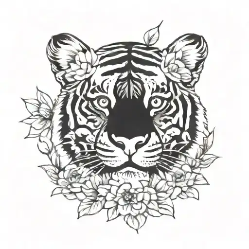 Tiger Face With Amazonian Flower Decorations