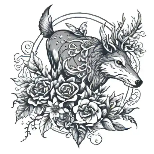 Deer And Wolf With Flower Blooming