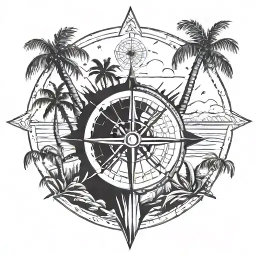 A Symmetrical Compass With Palm Trees As The Cardinal Directions