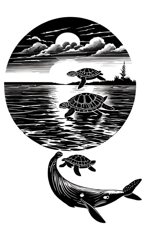 Sunset With Two Turtles And A Whale Tail