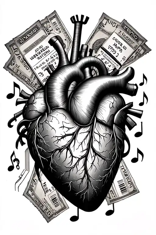 A Mechanical Heart Surrounded By Concert Tickets And Music Notes