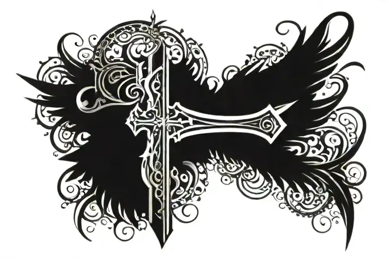 Metalic Tribal Razor Blade Affliction Style Cross Angel Wings
