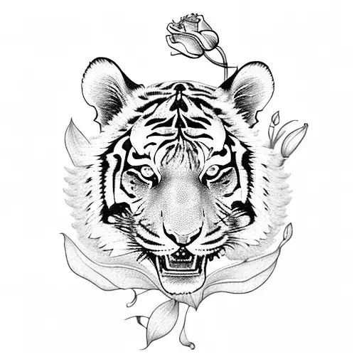 Tiger With Lilies And Roses