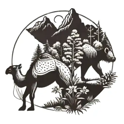 A Camel And Bear Sharing A Hiking Trail Surrounded By Lush Flora