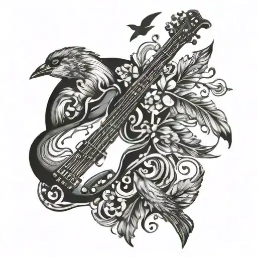 Bass Guitar With Birds Flying