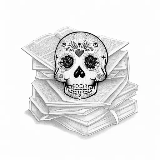 Sugar Skull On A Stack Of Books With Cherry Blossoms