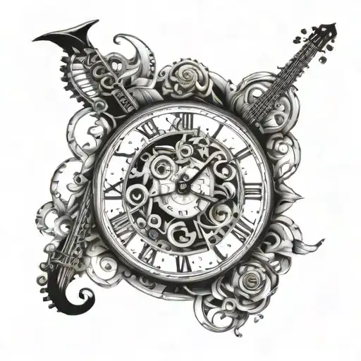 A Intricate Clock Design Intertwined With Musical Notes And Instruments