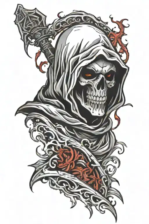 Faceless Grim Reaper With Red Smoking Eye Surrounded