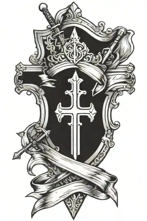 Sword In Shield With Banner Under Shield Templar Cross