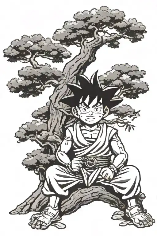Kid Goku Sitting Crossed Legs Eating Rice Under Tree Of Knowledge