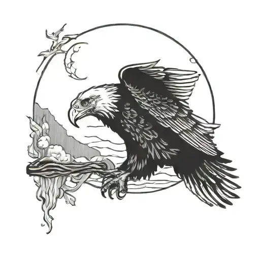 An Eagle Flies And A Full Moon Shines On Its Side Profile Traditional Tattoo
