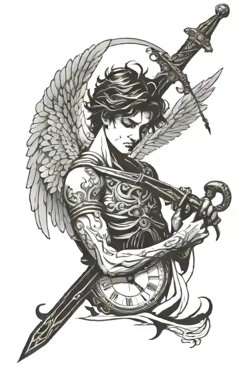 Angel Holding A Sword Clock And Papyrus Pattern Tattoo Sleeve