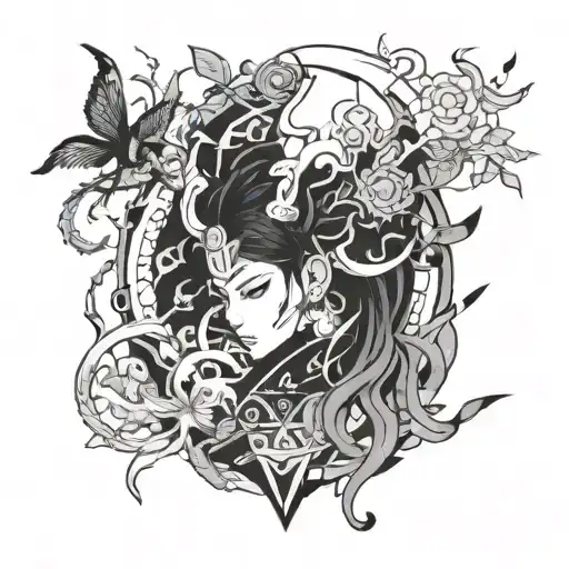 A Tattoo Design Combining Elements Of Anime Characters And Korean Traditional Patterns