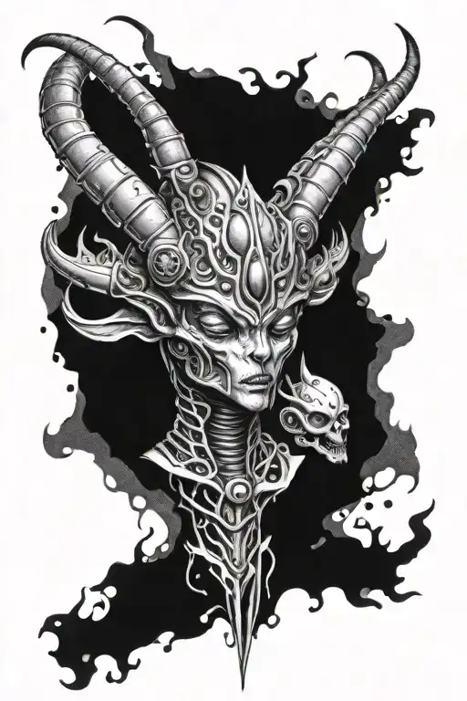 Alien Warrior With Third Eye And Horns Surrounded By Alien Like Creatures Tattoo Idea