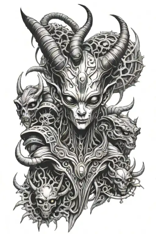 Alien Warrior With Third Eye And Horns Surrounded By Alien Like Creatures Tattoo Idea