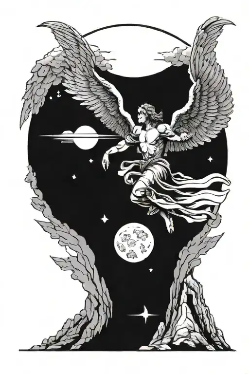 Levitating Male Angel With Wings Against A Background Of A Mountain And The Moon In A Cycle