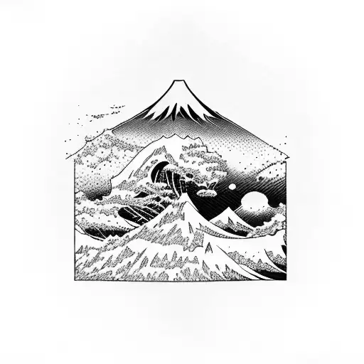Japanese Waves With Mountain Landscape