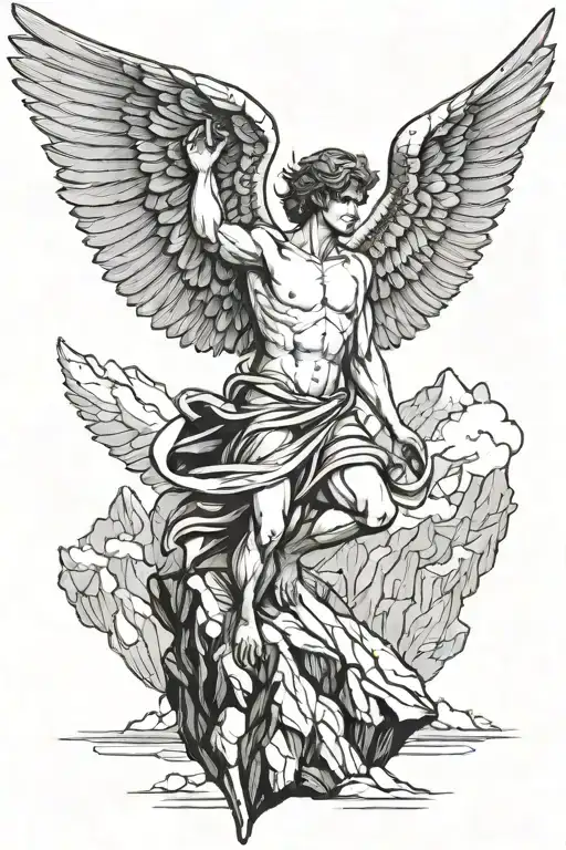 Levitating Male Angel With Wings Against A Background Of Mountain Peaks