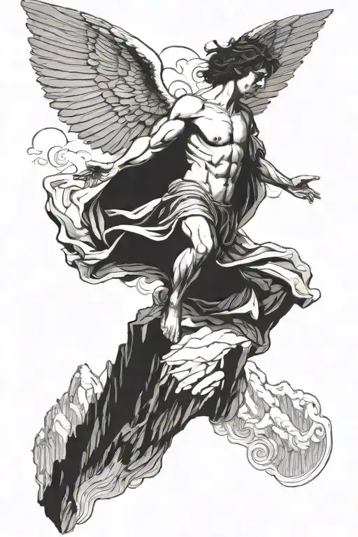 Levitating Male Angel With Wings Against A Background Of Mountain Peaks