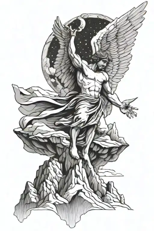 Levitating Male Angel With Wings Against A Background Of Mountain Peaks