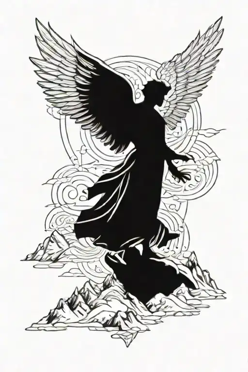 Levitating Male Angel With Wings Against A Background Of Mountain Peaks