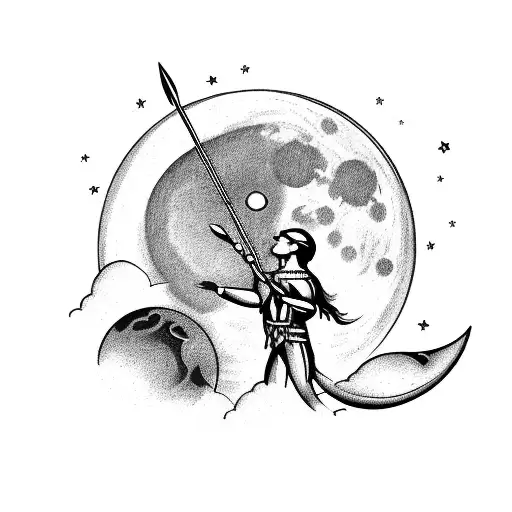A Sagittarius Looking At The Moon At Night By A Lake In Black And White