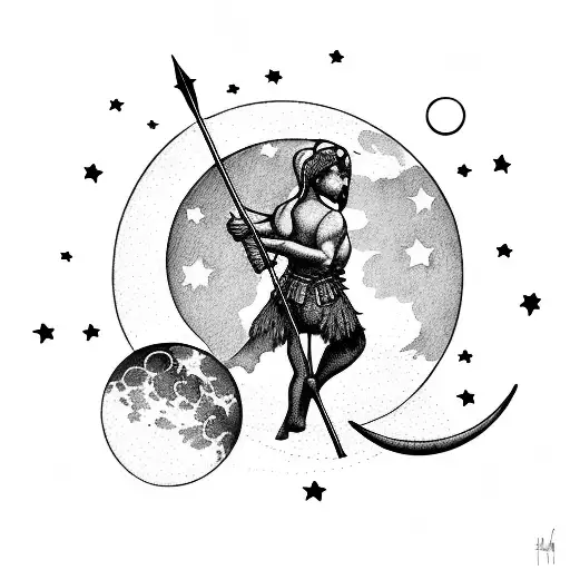 A Sagittarius Looking At The Moon At Night By A Lake In Black And White