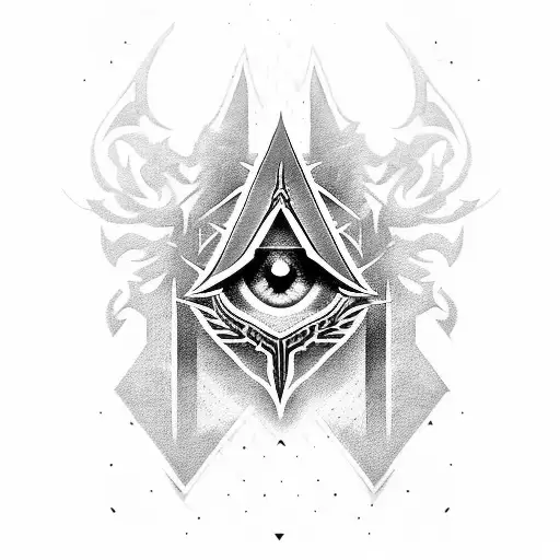 A Blackwork Tattoo Of The Assassin's Creed Insignia Combined With The Evil Eye Symbol
