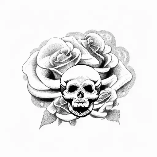 Faded Skull And Roses In Cloud Background
