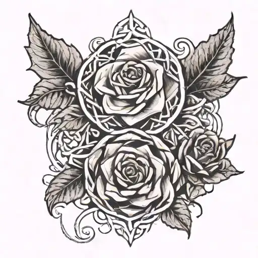 A Boho-inspired Tattoo Featuring A Celtic Knot Intertwined With Roses And Witchy Elements