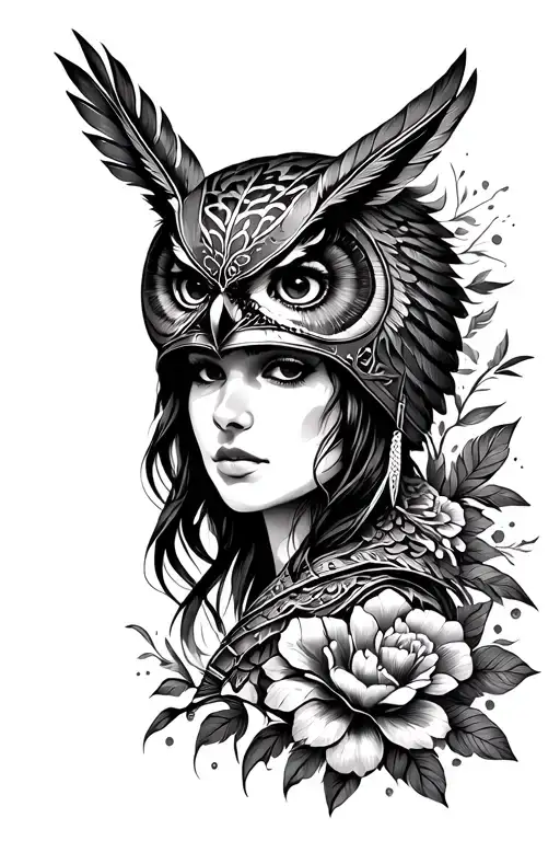 Woman Warrior With Owl Helmet In Feather And Flowers