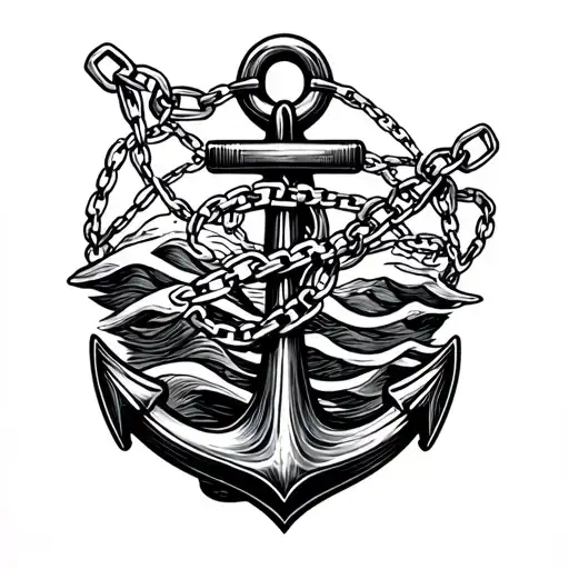 Anchor With Chain And Waves