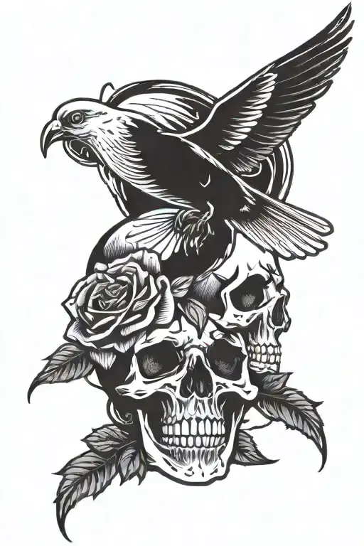 Skull Rose And Dove Flying