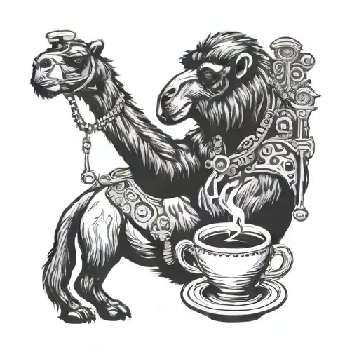Camel And Monkey Drinking Coffee