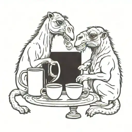 Camel And Monkey Having Coffee