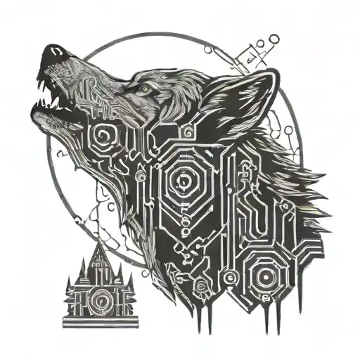 A Wolf Howling At The Moon With Circuit Board Patterns Integrated Into The Design